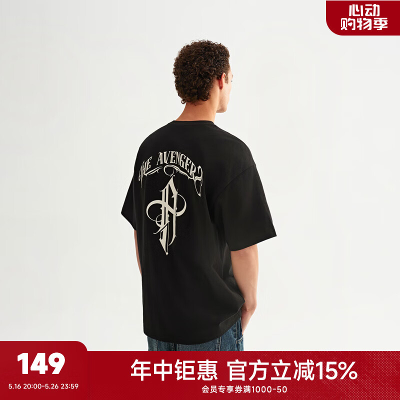 CHINISM CH赤尘简约纯棉短袖复古T恤男士夏季潮流印花休闲半袖圆领上衣 黑色 L