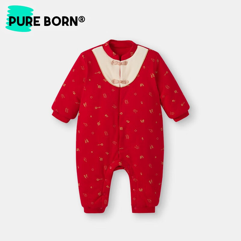 博睿恩新生婴儿爬服冬季唐装男女宝宝过年衣服夹棉保暖红色拜年连体衣 爆竹满印 90cm