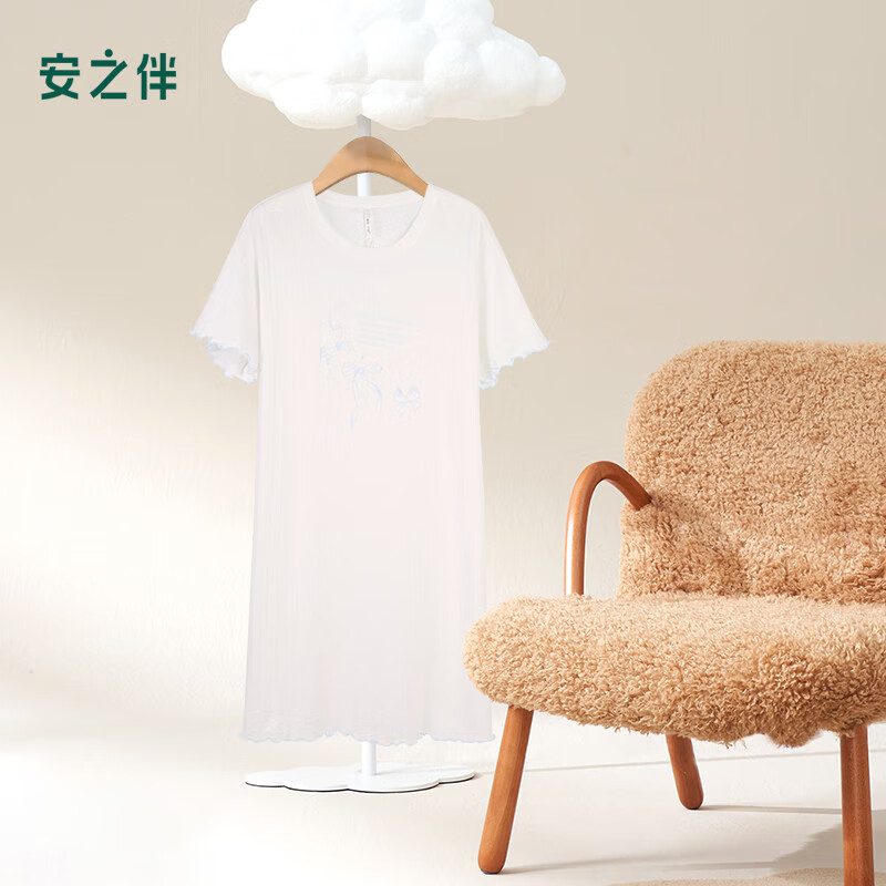 安之伴【巨柔软】睡裙女夏季短袖纯棉睡衣中长款可外穿休闲家居服 月白 蝴蝶结图案 L 京东折扣/优惠券
