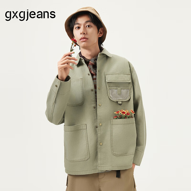 gxg.jeans男装 绿色多口袋工装时尚宽松牛仔夹克外套 25春新品 绿色 M (170)
