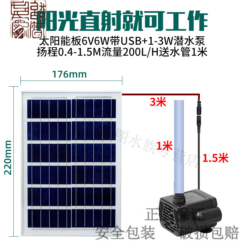 太阳能水泵12V循环鱼池过滤增氧鱼缸假山流水抽水潜水泵户外小型 S6W板+6v潜水泵+管1米
