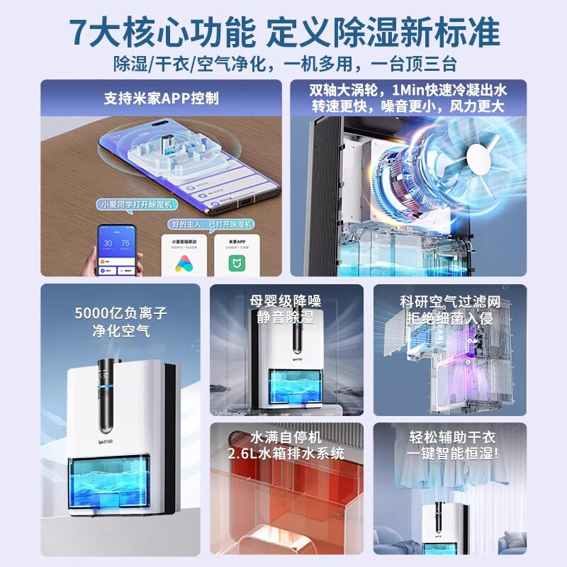 苏宁宜品除湿机【全屋除湿】家用回南天抽湿机除湿器空气净化一体机烘干机小型 5L/天 【米家款】APP控制+小爱同学语音