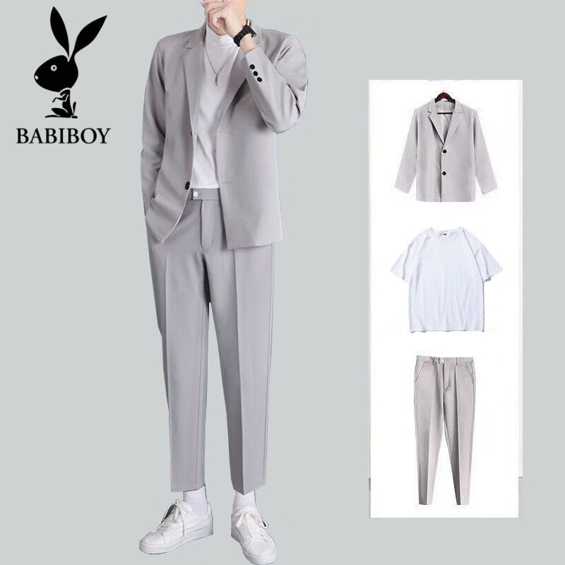 浅灰色【西装 白t 西裤】 27码/s吗