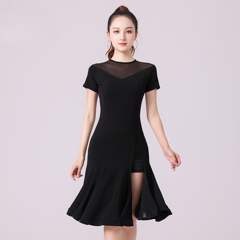 澳顏萊拉丁舞服女新款連衣裙性感舞蹈賽服舞蹈裙訓(xùn)練比賽舞服演出服 黑色無(wú)流蘇 S