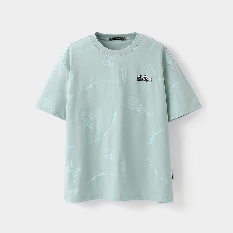 HLA海澜之家旗下黑鲸短袖T恤男25夏圆领套头衫男短t宽松