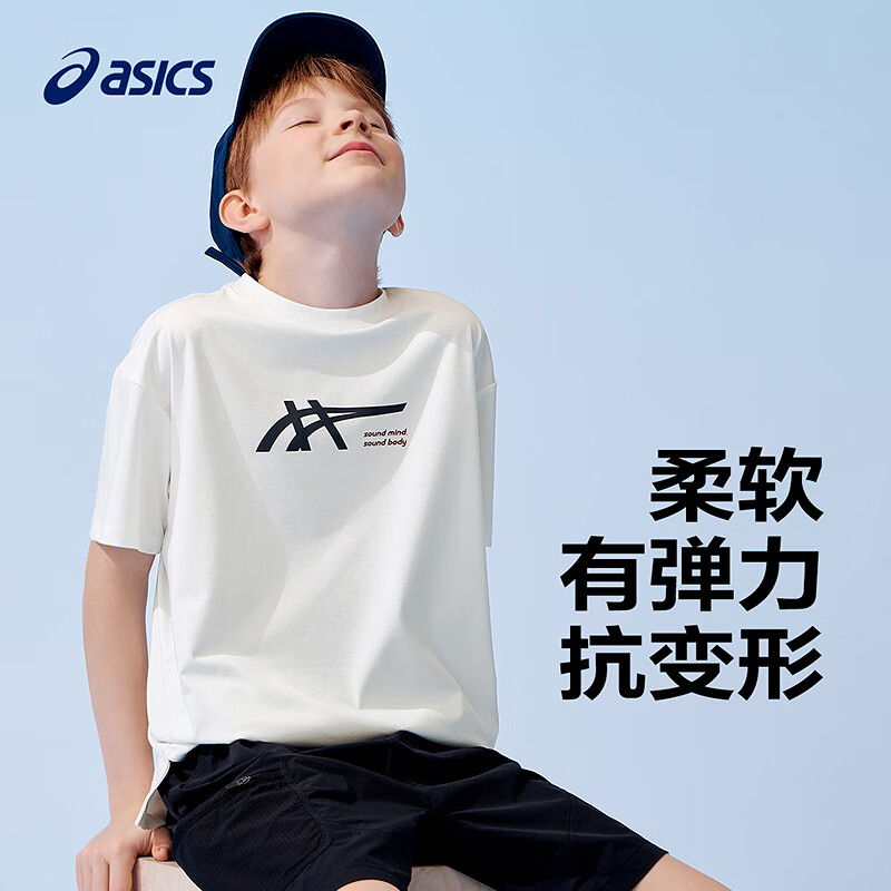 asics亚瑟士童装2025年夏季新款吸湿速干抗菌宽松落肩舒适运动短袖T恤 9000黑色 170