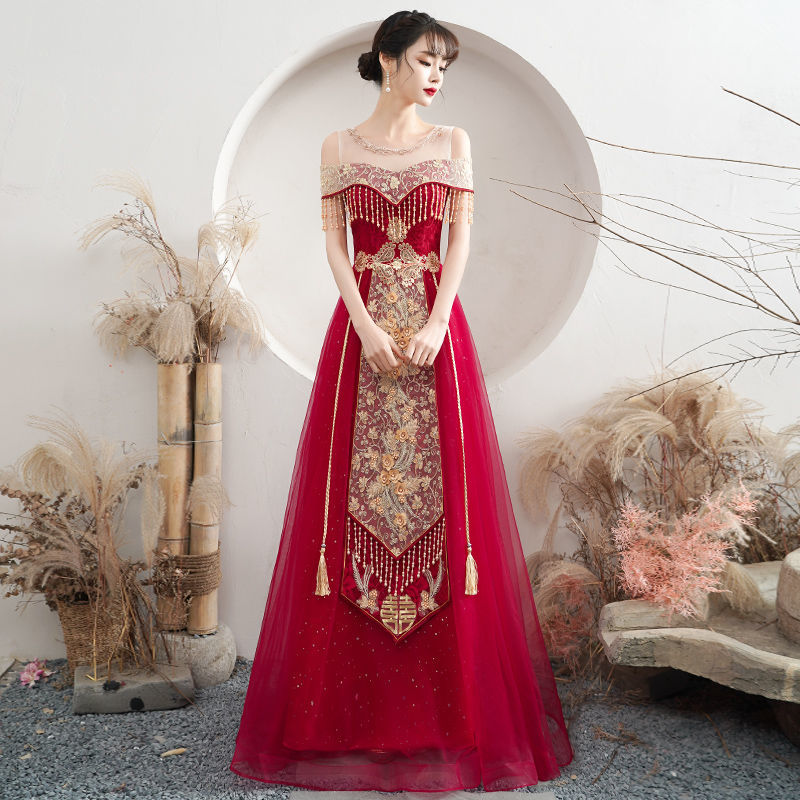 蘭伶坊大碼禮服200斤日?？纱┬履锞淳品惺郊抟滦愫谭Y(jié)婚訂婚小個(gè)子 酒紅色長(zhǎng)款 3XL