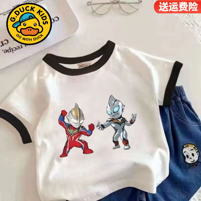 G.duck儿童纯棉撞色短袖夏季2025年新款T恤宝宝奥特曼男童卡通印花上衣 【黑领短袖-7个奥特曼】 110 码(建议身高95-105cm)