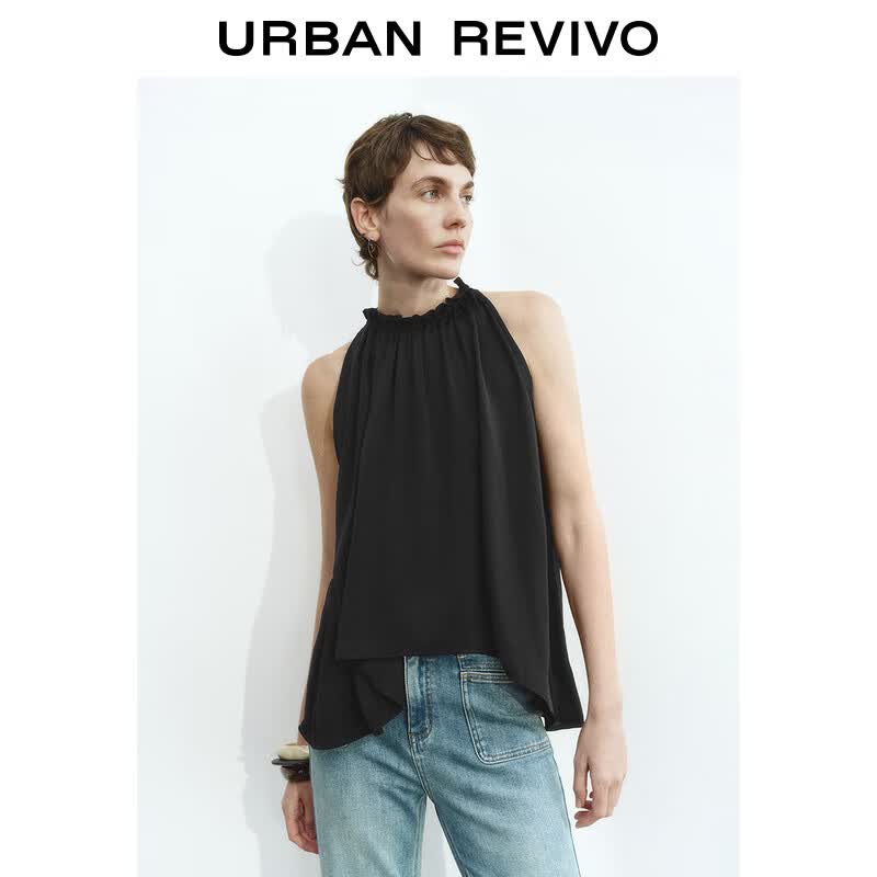 UR秋季新款女装木耳边系带超宽松无袖罩衫衬衫UWM250032 黑色 (微透) S (XS-S)