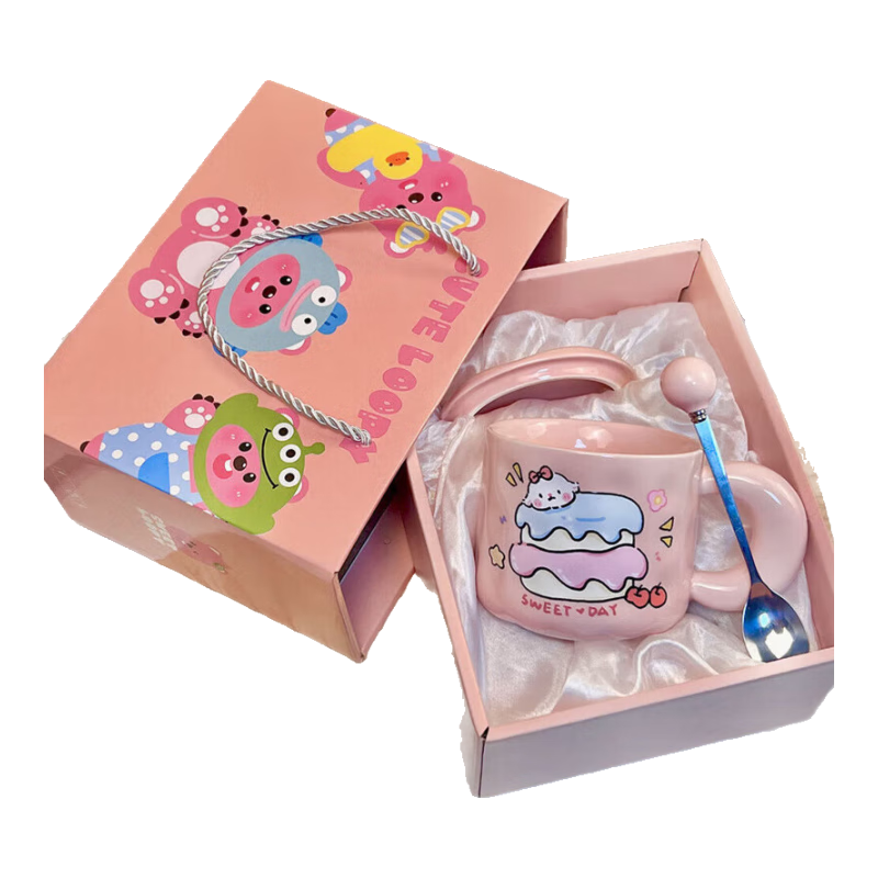 可爱fufu生日蛋糕马克杯带盖勺陶瓷杯送女生高颜值有意义生日礼物 【礼盒装】奶酪杯+盖+勺1个350ml