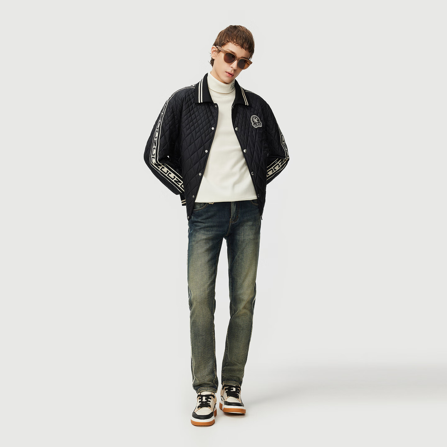 C'N'C【奢侈品衣服】CNC25新款刺绣logo翻领菱格短款棉服夹克外套男 黑色 54 /XL/(185/100A)