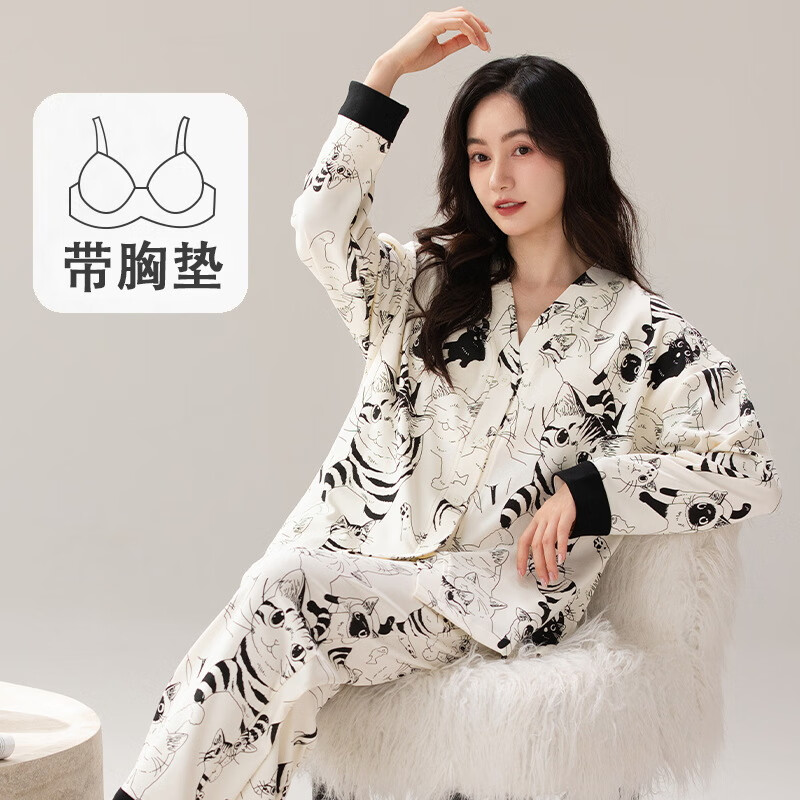 雅鹿睡衣女士带胸垫家居服套装长袖长裤春秋季薄款和服领开衫可外穿 H2284虎猫(带胸垫) L 【建议90-110斤】