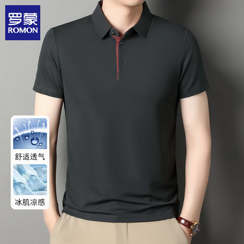 罗蒙（ROMON）短袖t恤男2026夏季新款翻领纯色半袖POLO领体恤衫父亲节爸爸男装 高级灰 XL