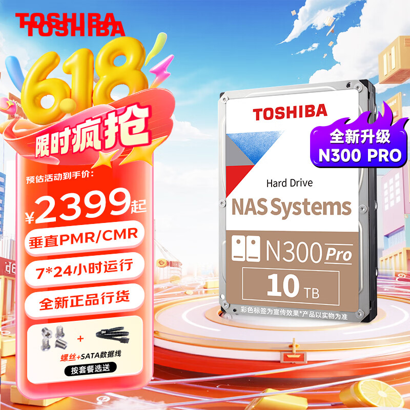 东芝（TOSHIBA） NAS级10TB机械硬盘N300 Pro台式机硬盘CMR垂直个人云存储服务器企业监控 10TB 套餐1：送sata线+螺丝