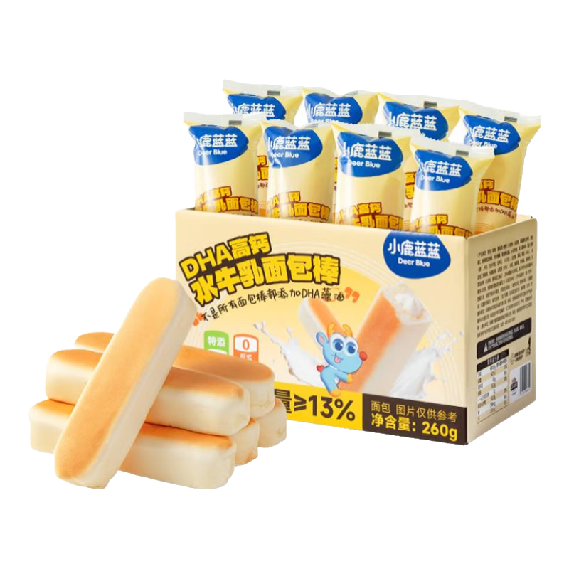 小鹿蓝蓝DHA高钙水牛乳注心面包棒 醇正奶香松软有料 特添山药泥 【奶香松软】注心面包棒1箱/260g