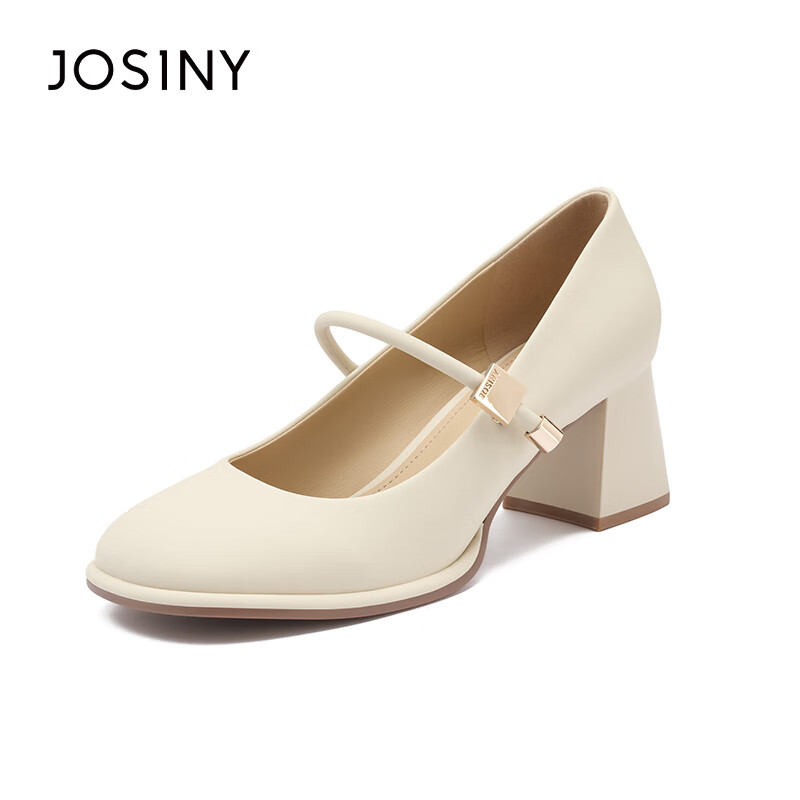 卓詩(shī)尼(Josiny)一字帶瑪麗珍高跟鞋女2025春新款圓頭小皮鞋粗跟白色單鞋生日禮物 米白色 35
