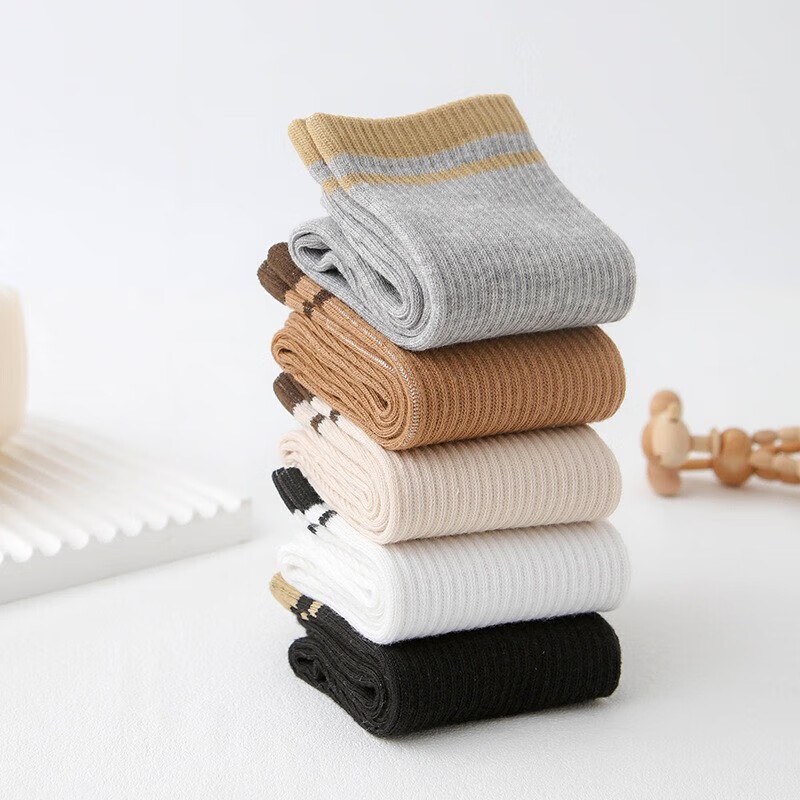 米大爷袜子女秋冬季中筒袜女士纯色条纹袜吸汗透气休闲运动女长袜子 纯色单杠中筒袜 5双 均码 (36-40码)