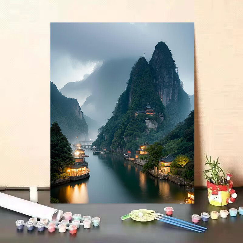 中国风山水数字油画diy填色治愈日落晚霞风景客厅餐厅手工装饰画 晚霞渔船Z217淡彩底 单独60*75cm绷好实木内框+笔颜料