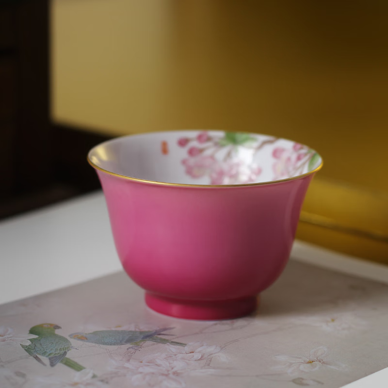 2024新款景德镇手绘海棠薄胎胭脂红渐变主人杯 画瓷的武才人 海棠胭脂