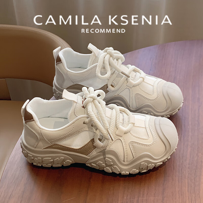 CAMILA KSENIA运动鞋女士2026新款厚底百搭品牌小白鞋夏季跑步休闲网面透气鞋子 米色 37