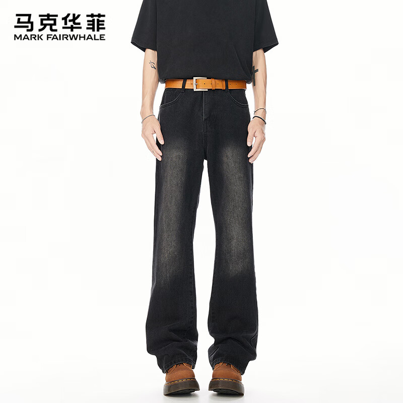 马克华菲复古水洗牛仔裤男士夏2025夏季新款青年直筒宽松阔腿裤 黑灰S