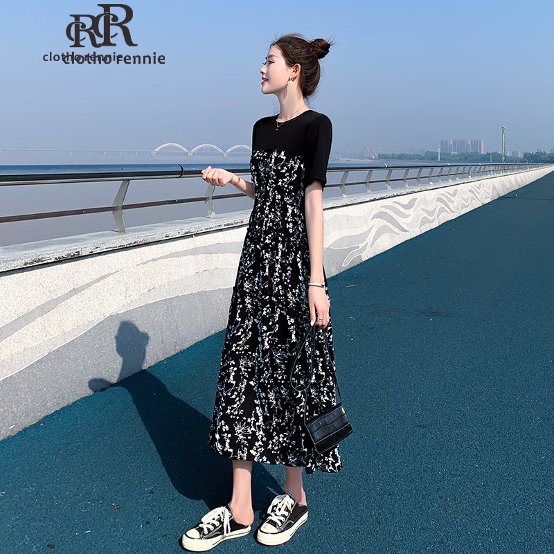 clotho Rennie品牌女裝碎花連衣裙女收腰顯瘦2025夏季新款時尚百搭氣質(zhì)圓領(lǐng)長裙 圖片色 2XL