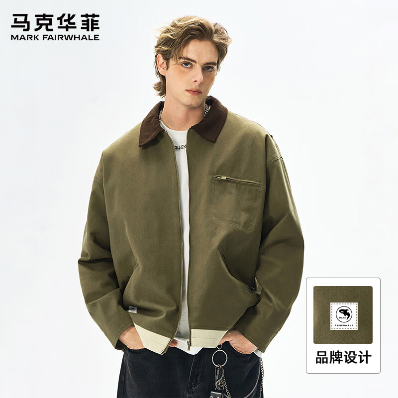 马克华菲工装夹克男春秋季美式底特律猎装复古翻领外套 L  橄榄色