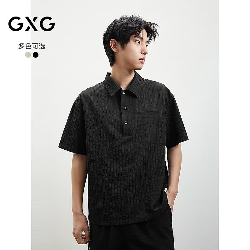 GXG男装25年夏季新款高级感条纹短袖衬衫 黑色 175/L
