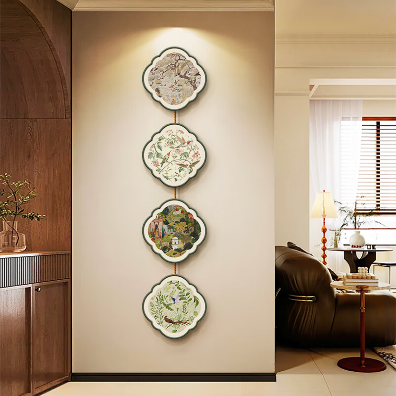 立始法式复古玄关装饰画中古风花鸟走廊过道挂画四联组合客厅入户