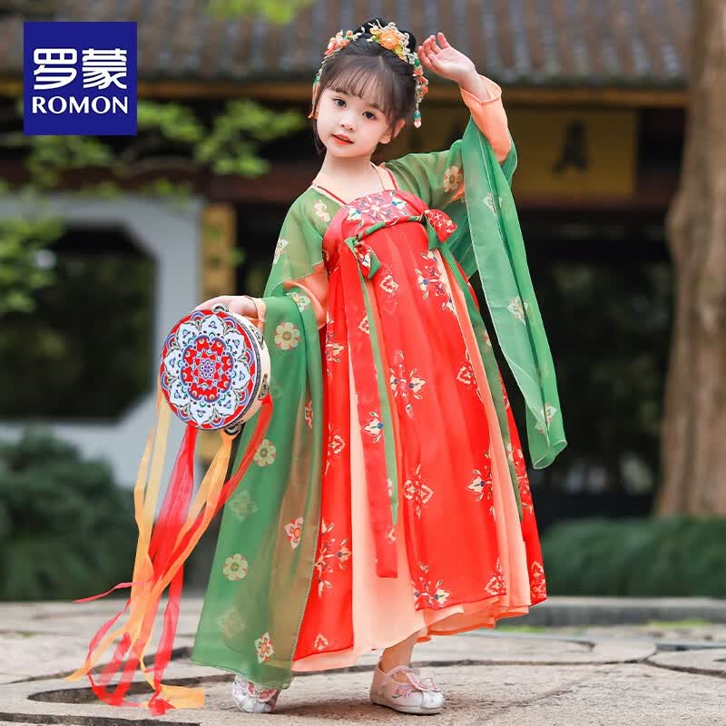 罗蒙儿童中国风原创齐胸襦裙2026款唐装女童汉服夏季毕业演出服 HQ1115 红色襦裙 100