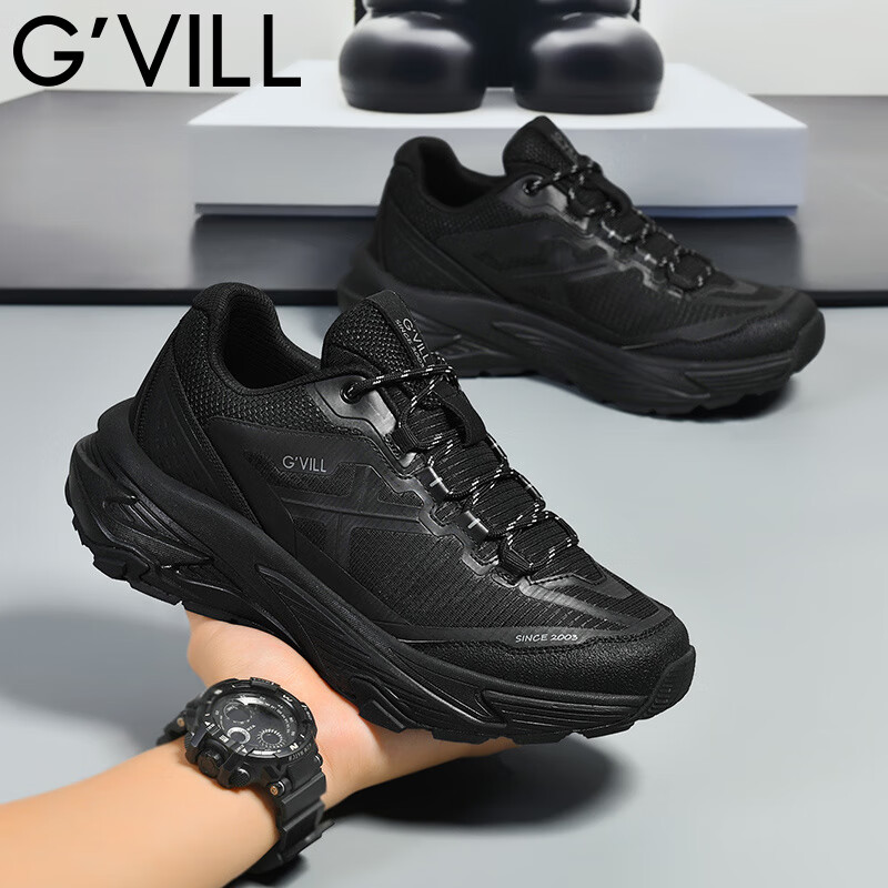 贵之步秋冬季男鞋新款舒适软底防滑运动鞋男款厚底增高缓震休闲鞋 黑色 G017 42 （运动鞋码）