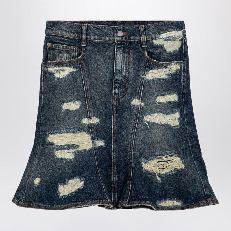 馬克.雅可布（MARC JACOBS）洗白牛仔裙破洞細(xì)節(jié)前拉鏈口袋休閑女式棉質(zhì)裙 BLUE 均碼 |25