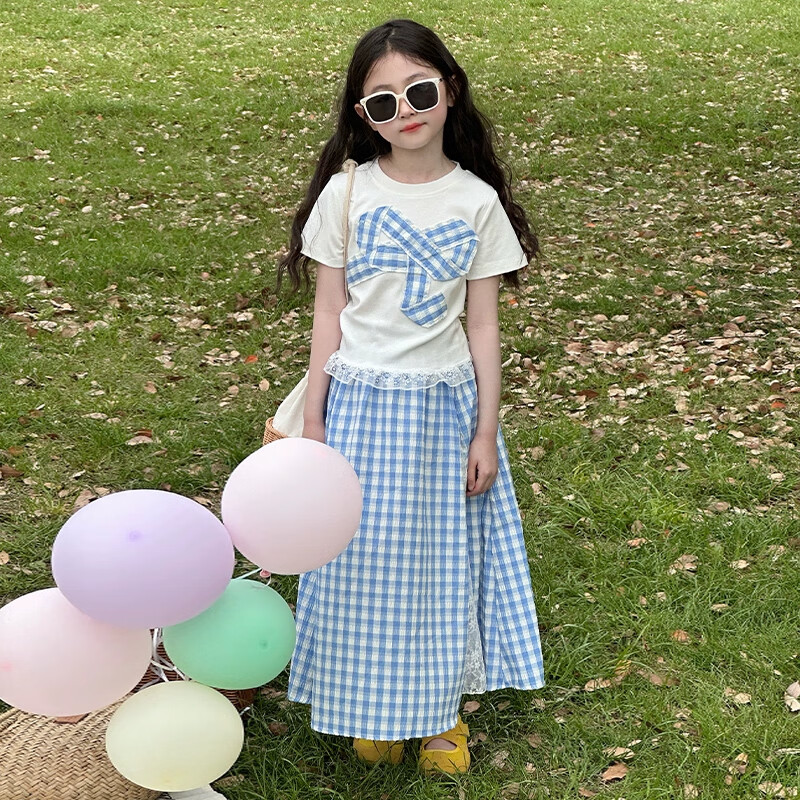 女童裙子套装2025夏季新款女大童连衣裙韩系穿搭儿童夏装半身裙子 套装【白上衣+蓝裙】套装更实惠 150