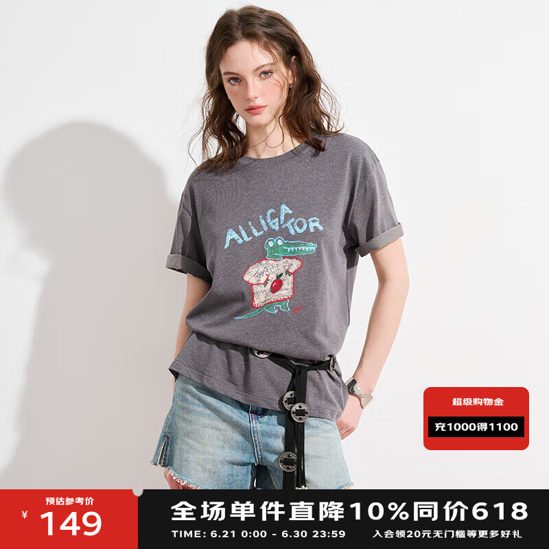 BASIC HOUSE/百家好元气减龄风卡通印花短袖T恤女2025夏宽松上衣 深灰色 L