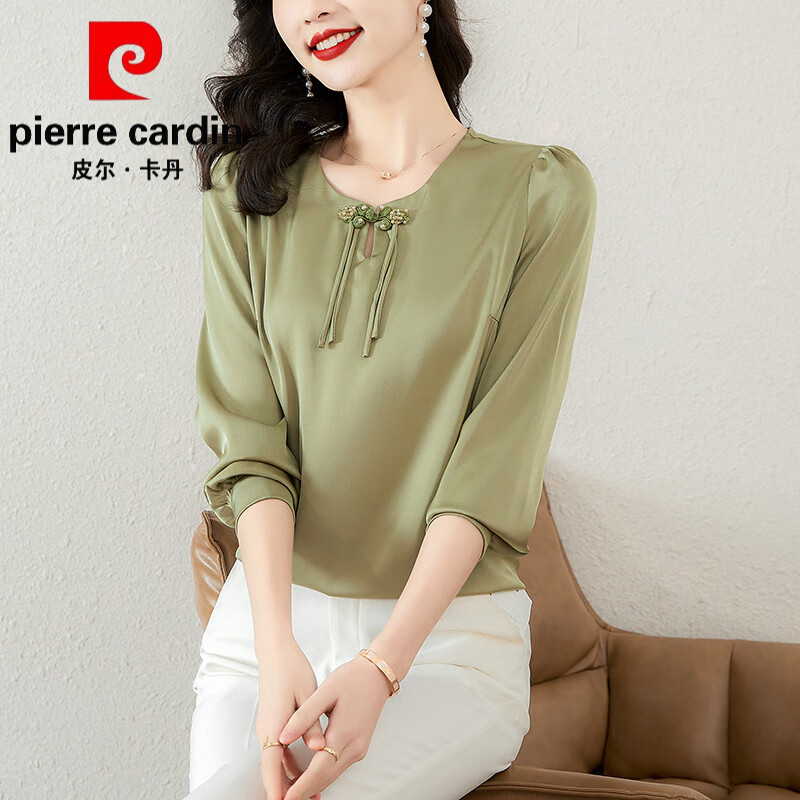 皮尔卡丹(pierre cardin)高端品牌中式盘扣上衣女2025秋季新款妈妈真丝衬衫气质感宽松长袖 皮尔卡丹 绿色 XL