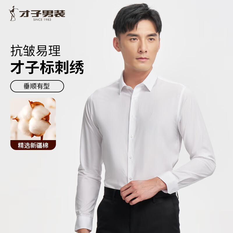 才子（TRIES）商务休闲长袖衬衫纯色百搭白衬衣刺绣logo弹力修身职业职场正装衬 白色 4XL 43(180/104A)