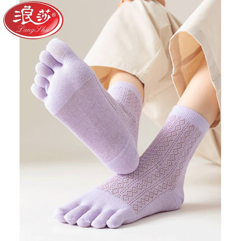 浪莎（LangSha）夏季超薄五指襪子女棉質(zhì)中筒夏季薄款網(wǎng)眼透氣腳趾襪大碼分腳趾襪 粉色+淺粉+紫色 3雙 35-44碼 均碼