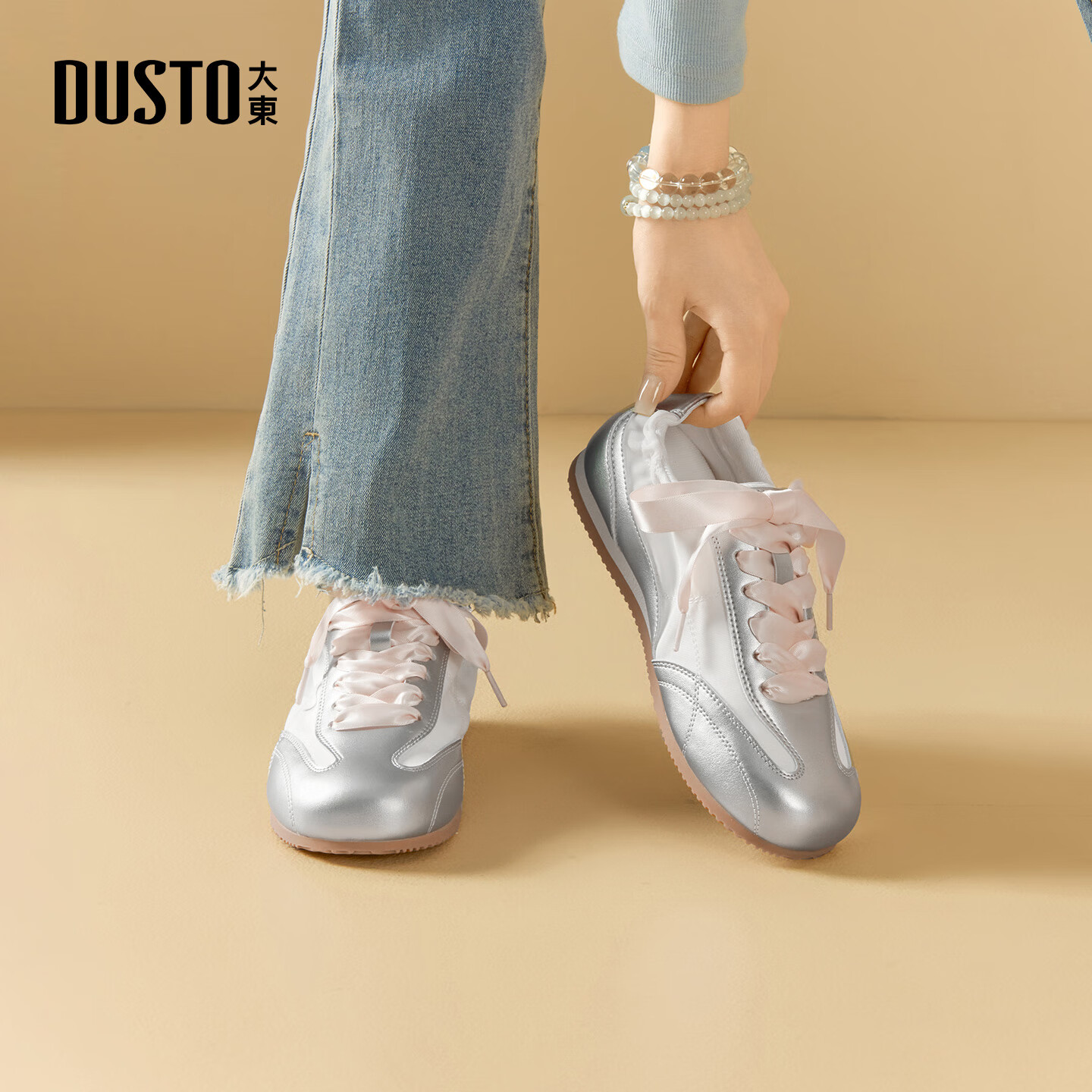 大东德训鞋女鞋2025年秋季新款时尚甜美圆头系带0783 银色 35