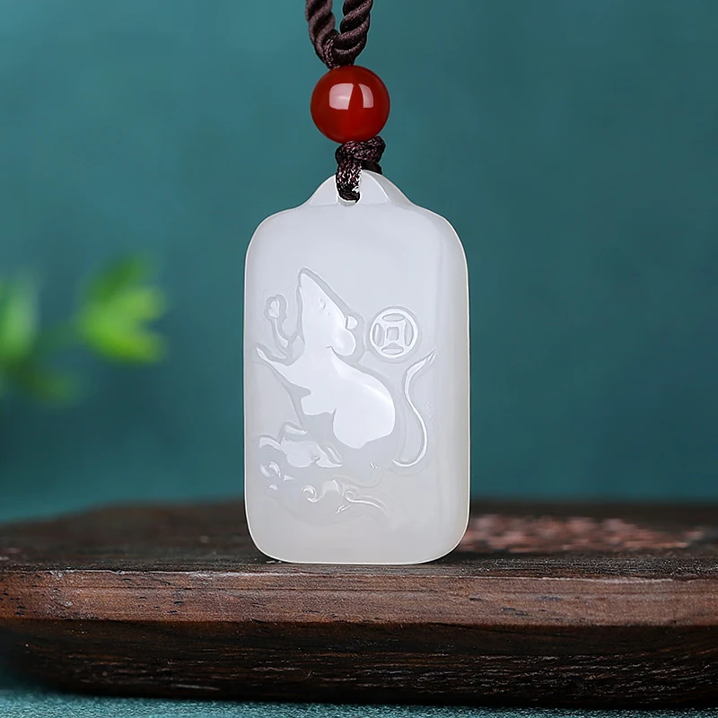 涵怡新疆和田玉羊脂玉卡通十二生肖吊墜生肖小方牌掛件男女款玉石玉墜 生肖鼠