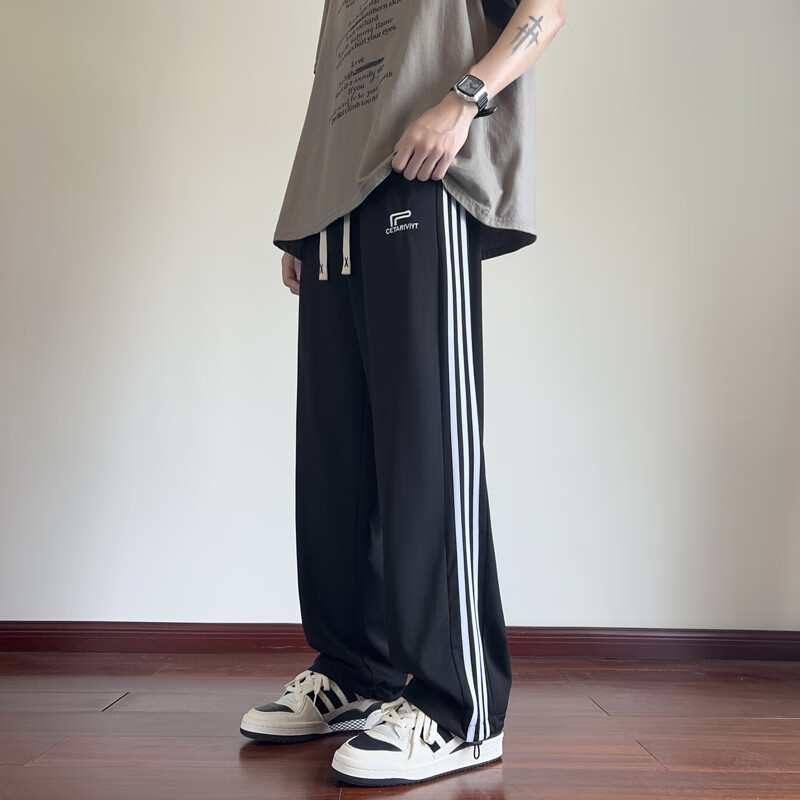 外叁夏季薄款冰丝裤男高中初中学生青少年大童休闲运动直筒阔腿长裤子 WJ-555黑色 4XL 160至175斤