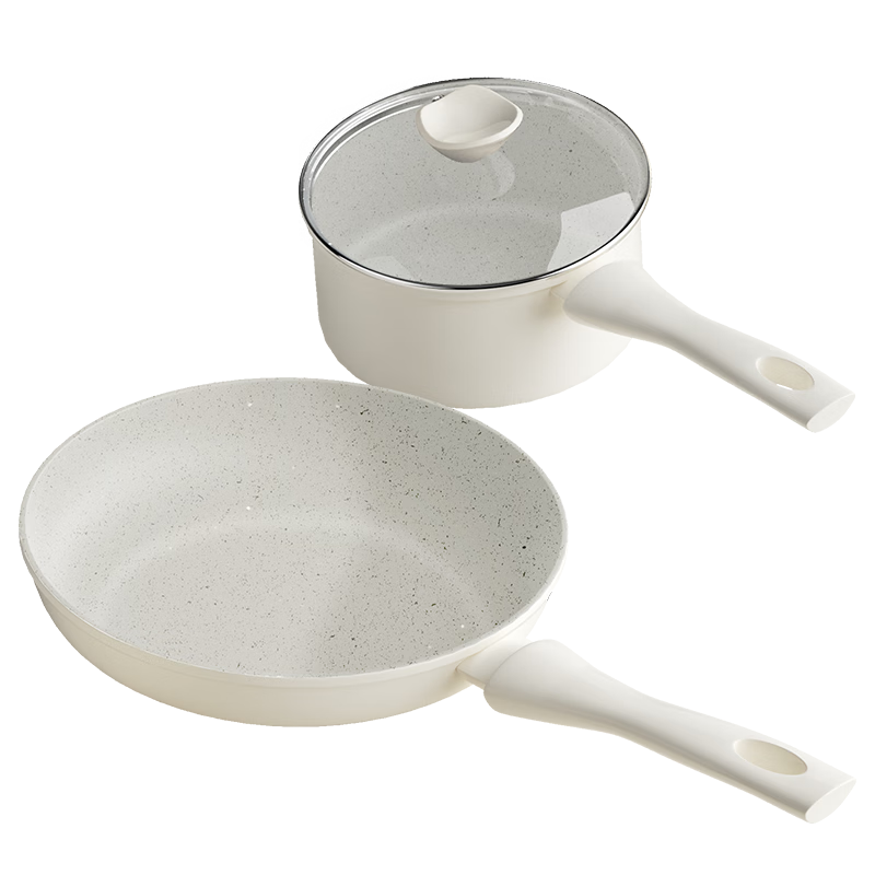 温仑山不粘锅炒锅平底锅牛排煎锅奶锅辅食锅泡面锅炒菜锅月光石白两件套 【月光石白】煎奶锅具2件套 24cm