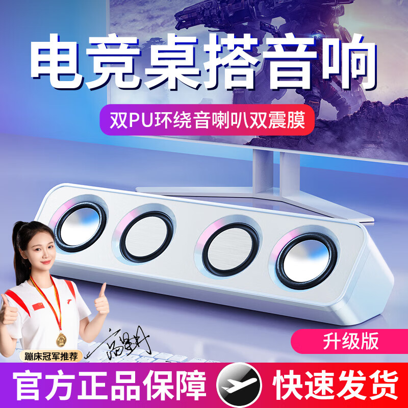 赛达电脑音响台式小型桌面迷你有线有源USB音箱家用笔记本外接双喇叭高音质低音炮游戏电竞扩音器 皓月白升级【四核+PU喇叭】