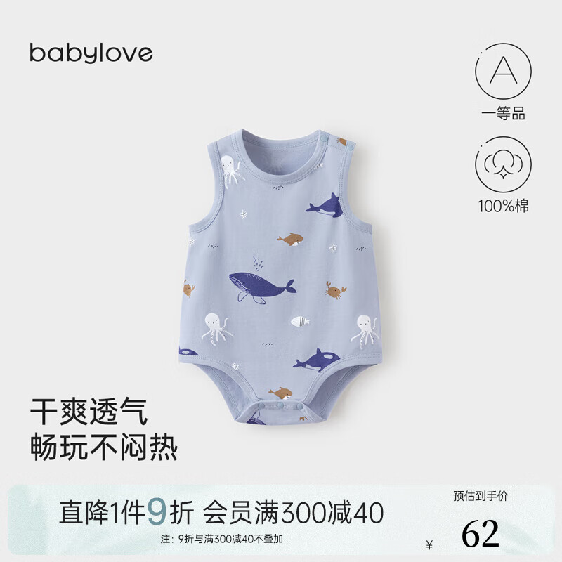 babylove婴儿包屁衣夏季薄款纯棉无袖背心哈衣男女宝宝亲肤透气爬服夏装 海底世界 80cm