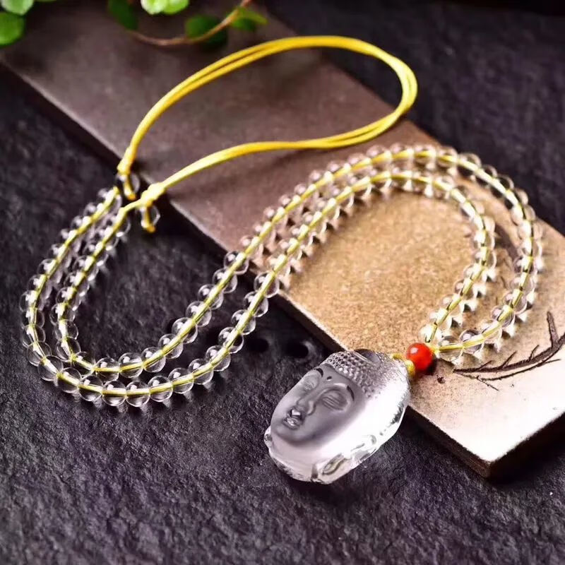 艺香天然白水晶紫水晶粉水晶蓝水晶释迦摩尼佛头吊坠项链项坠 黄绳