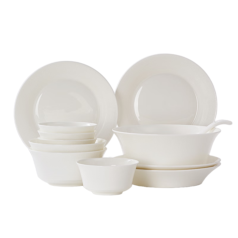 華光國瓷 高端骨瓷餐具套裝 無(wú)鉛鎘純白浮雕碗盤(pán)整套 四合吉祥 【四人配】可洗碗機 16頭