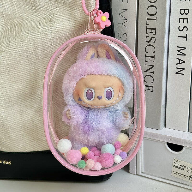 MPPMCK拉布布保护套泡泡玛特labubu搪胶毛绒公仔保护壳透明防尘罩超清 粉色【赠硅胶绳+毛球】不含娃