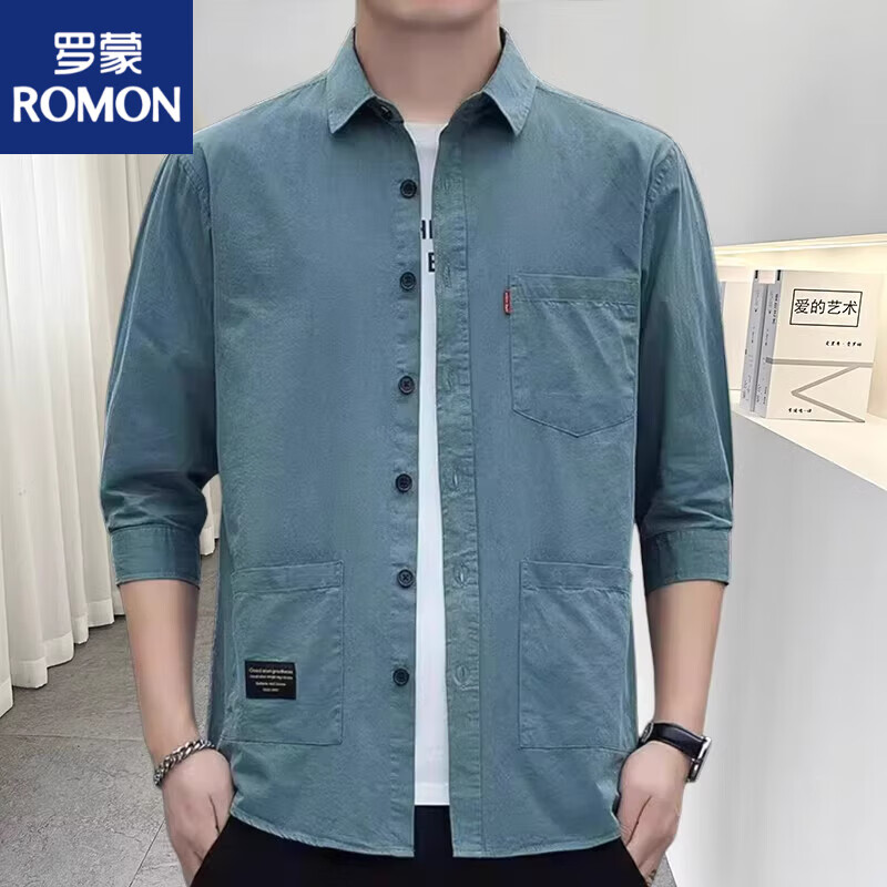 罗蒙（ROMON）春夏季薄款宽松工装棉男士休闲中袖七分短袖衬衣衬衫外套 豆绿色 七分袖 M 【85-105斤】
