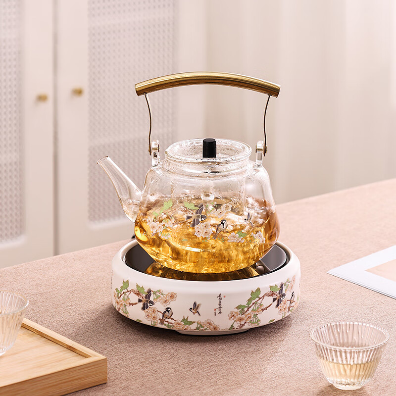 岳恒玻璃提梁茶壶蒸煮一体陶瓷电陶炉煮茶器烧水壶养生壶办公室煮茶壶 【煮茶套装】百鸟朝凤+壶1100ml