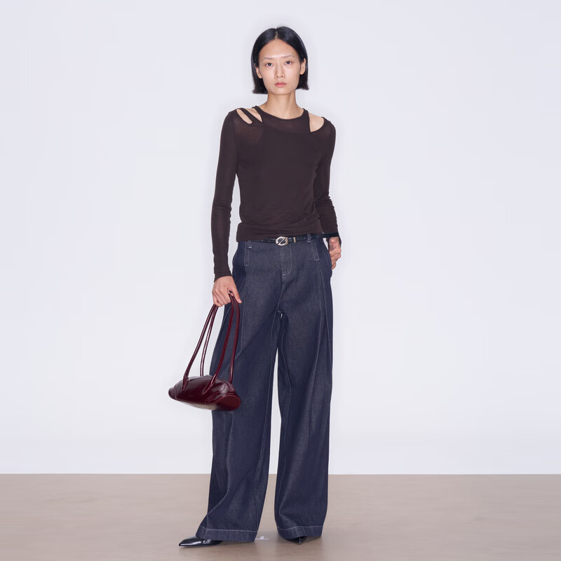 lost in echo徐若晗同款2025秋冬新款真两件套长袖背心镂空修身打底针织衫女 巧克力色 M