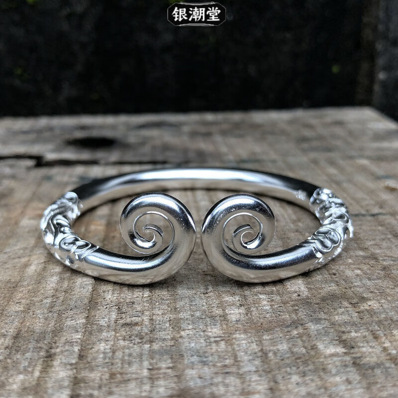 如意金箍棒纯银手镯祥云999足银雪花银实心手工定海神针男女情侣 如意